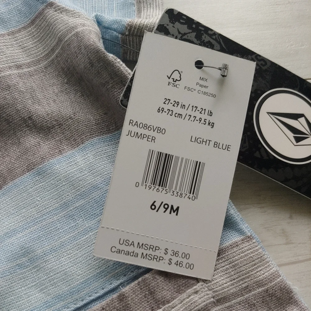 Volcom Blue and Gray Striped baby romper - Picture 6 of 9